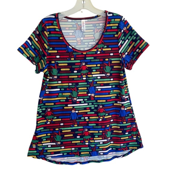 LuLaRoe CLASSIC TEE Blue Red Children Pattern Short Sleeve Size SMALL - Picture 3 of 4